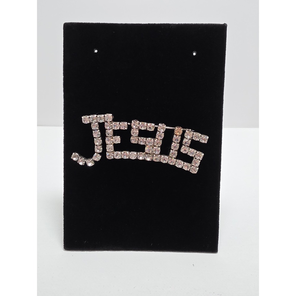 Vintage Silver Tone Clear Rhinestone Jesus Word Script Brooch Religious Pin